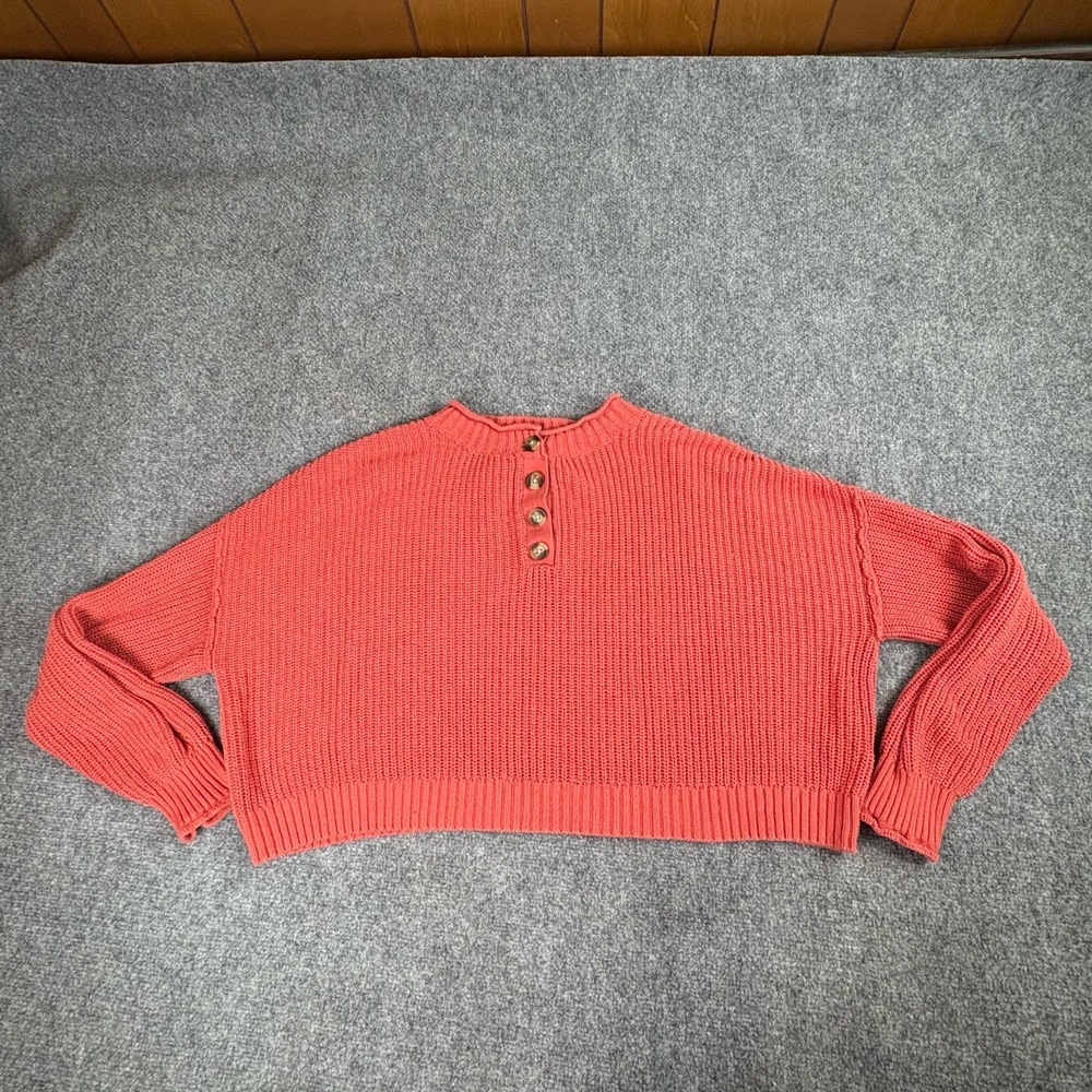 American Eagle Sweater Womens Large Coral Cropped Henley Y2K Coquette Streetwear - Picture 7 of 12